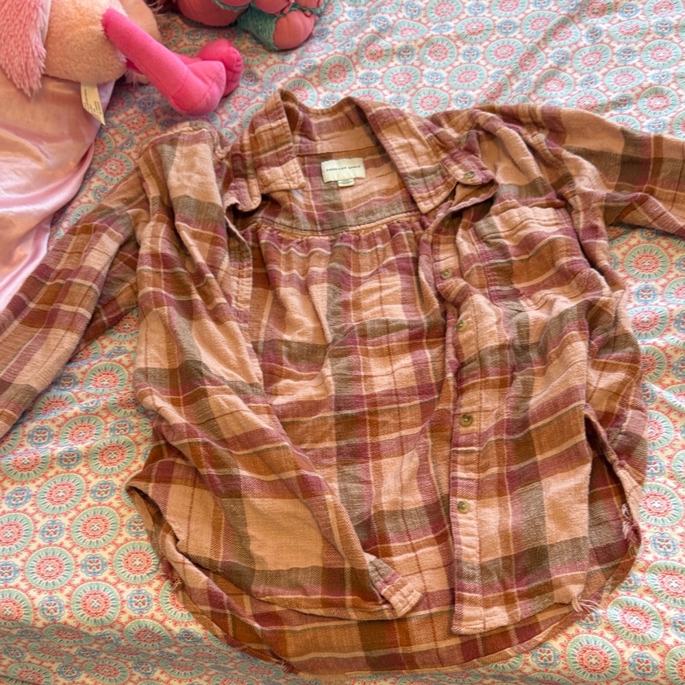 American Eagle Outfitters Kids Plaid Shirt in Brown and Pink